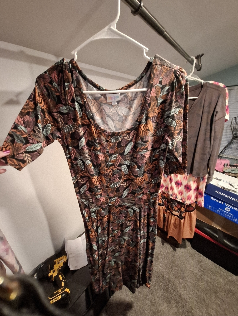 LuLaRoe Scoop Neck Midi Dress — Feather Print (brown, green, rust)
